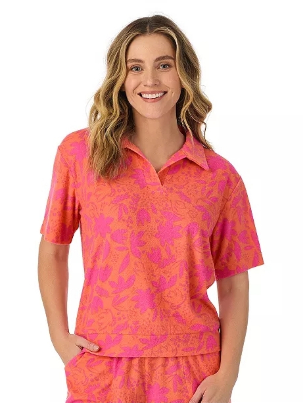NWT Cuddl Duds Coral Floral Short Sleeve Terry Collared Top Size XXL